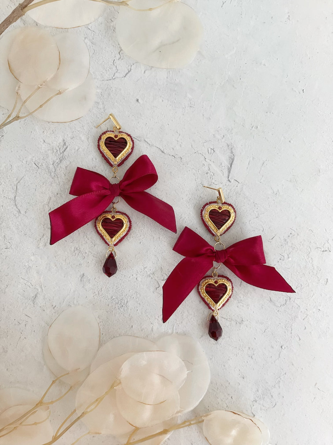 Red Quilled Hearts & Bow Earrings