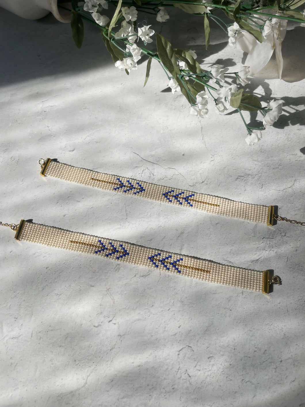 Blue and cream beadloom bracelets