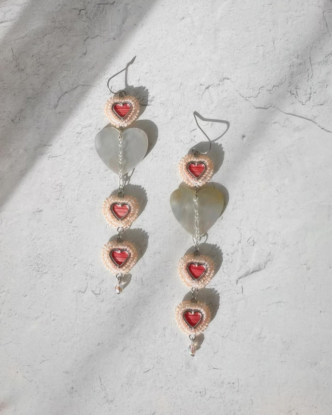 Coral quilled hearts and shells earrings