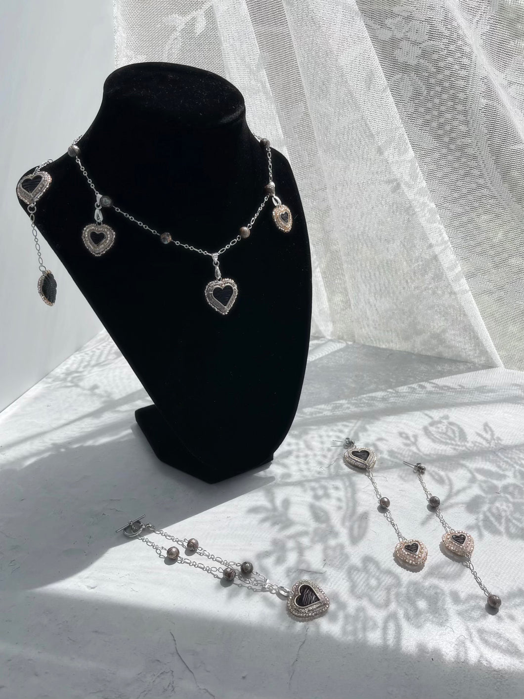 Black quilled heart necklace,  bracelet and earring set